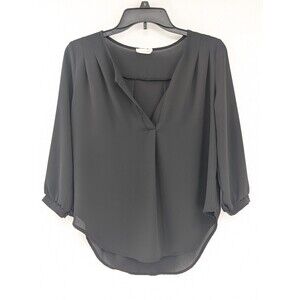 Lush Black Chiffon V-Neck Long Sleeve High/Low Sheer Blouse Top Size Small